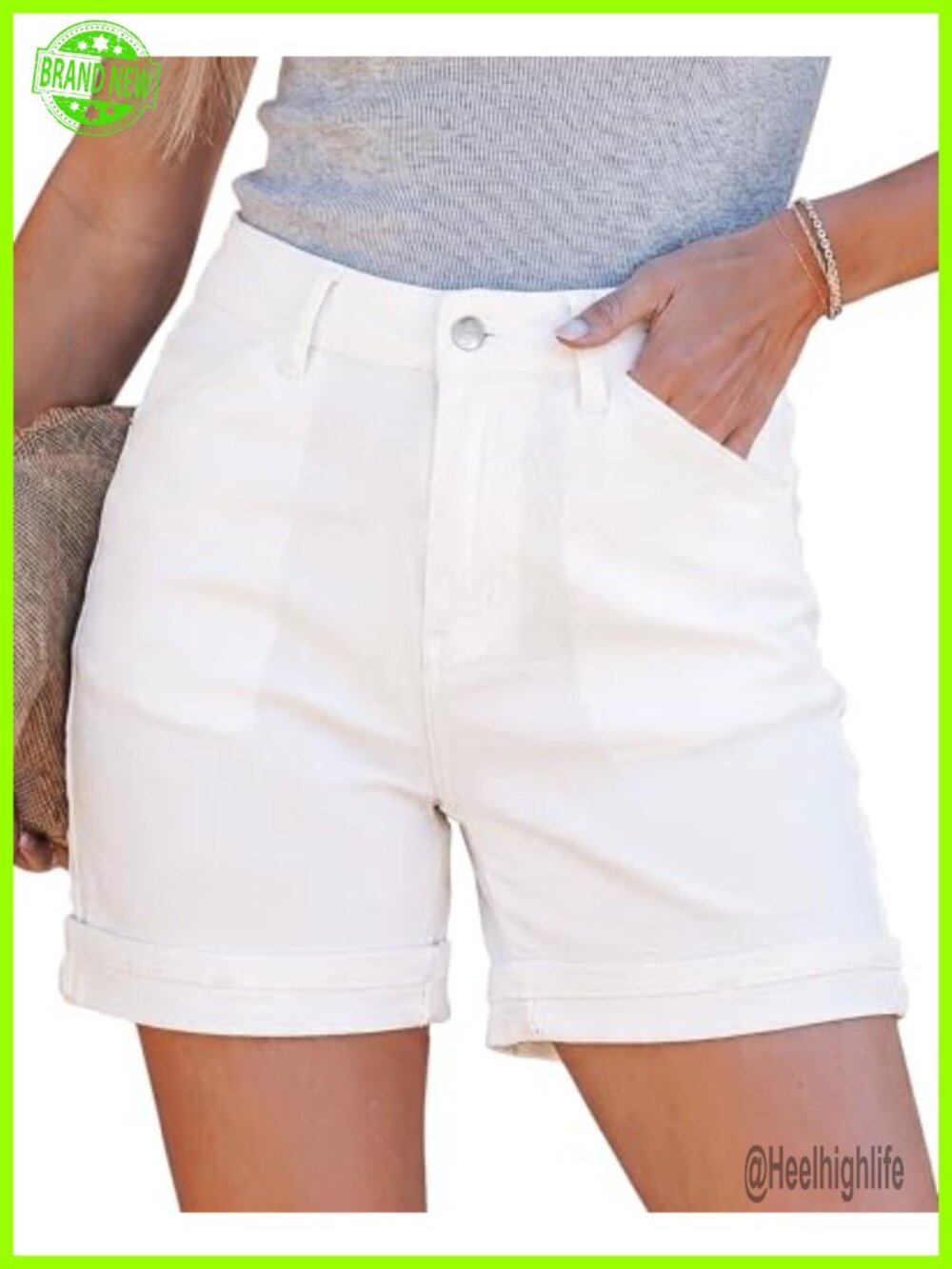 High Waisted Cuffed Hem 5 Inch Inseam Stretchy Denim Jean Shorts